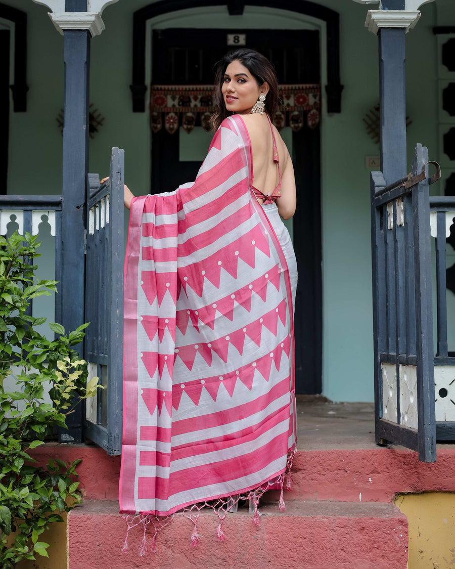 White & Pink Pure Cotton Linen Saree | Geometric Stripes with Blouse & Tassel Detailing