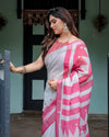 White & Pink Pure Cotton Linen Saree | Geometric Stripes with Blouse & Tassel Detailing