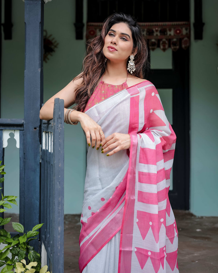 White & Pink Pure Cotton Linen Saree | Geometric Stripes with Blouse & Tassel Detailing