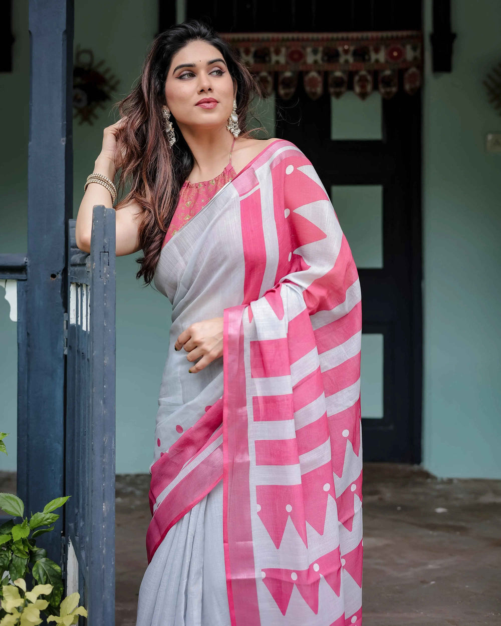 White & Pink Pure Cotton Linen Saree | Geometric Stripes with Blouse & Tassel Detailing