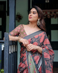 Charcoal Black Pure Cotton Linen Saree | Leafy Paisley Print with Blouse & Tassel Detailing