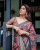 Charcoal Black Pure Cotton Linen Saree | Leafy Paisley Print with Blouse & Tassel Detailing