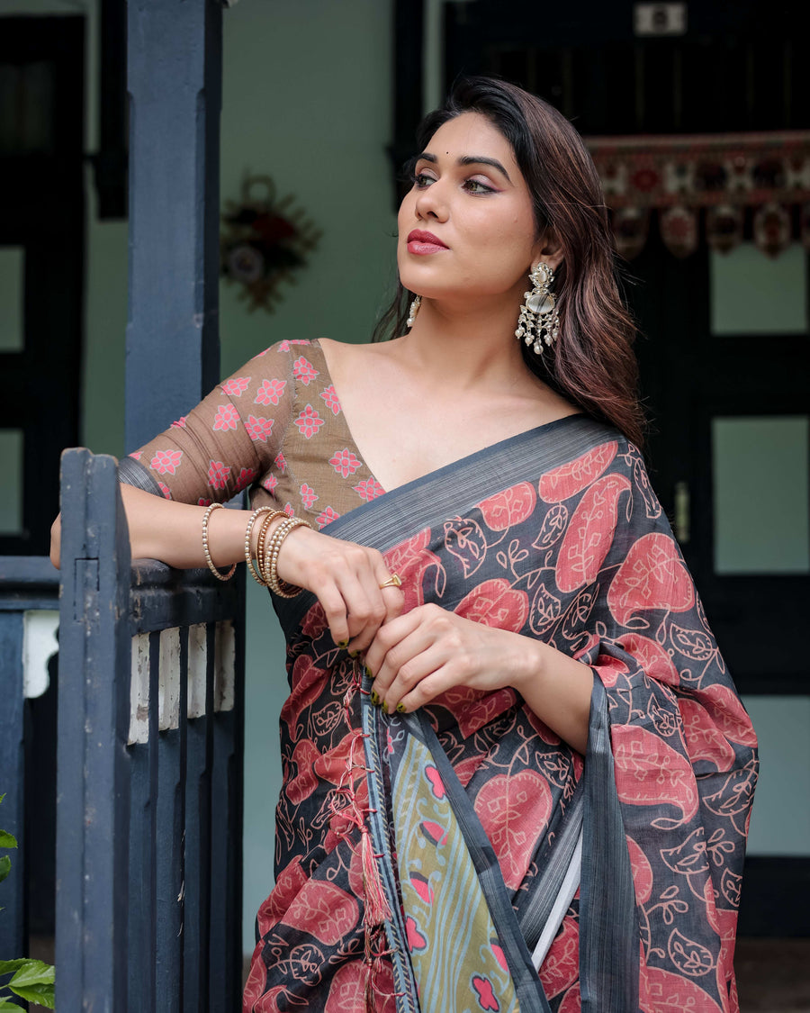 Charcoal Black Pure Cotton Linen Saree | Leafy Paisley Print with Blouse & Tassel Detailing