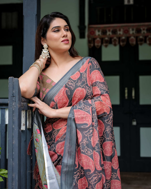 Charcoal Black Pure Cotton Linen Saree | Leafy Paisley Print with Blouse & Tassel Detailing
