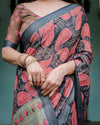 Charcoal Black Pure Cotton Linen Saree | Leafy Paisley Print with Blouse & Tassel Detailing