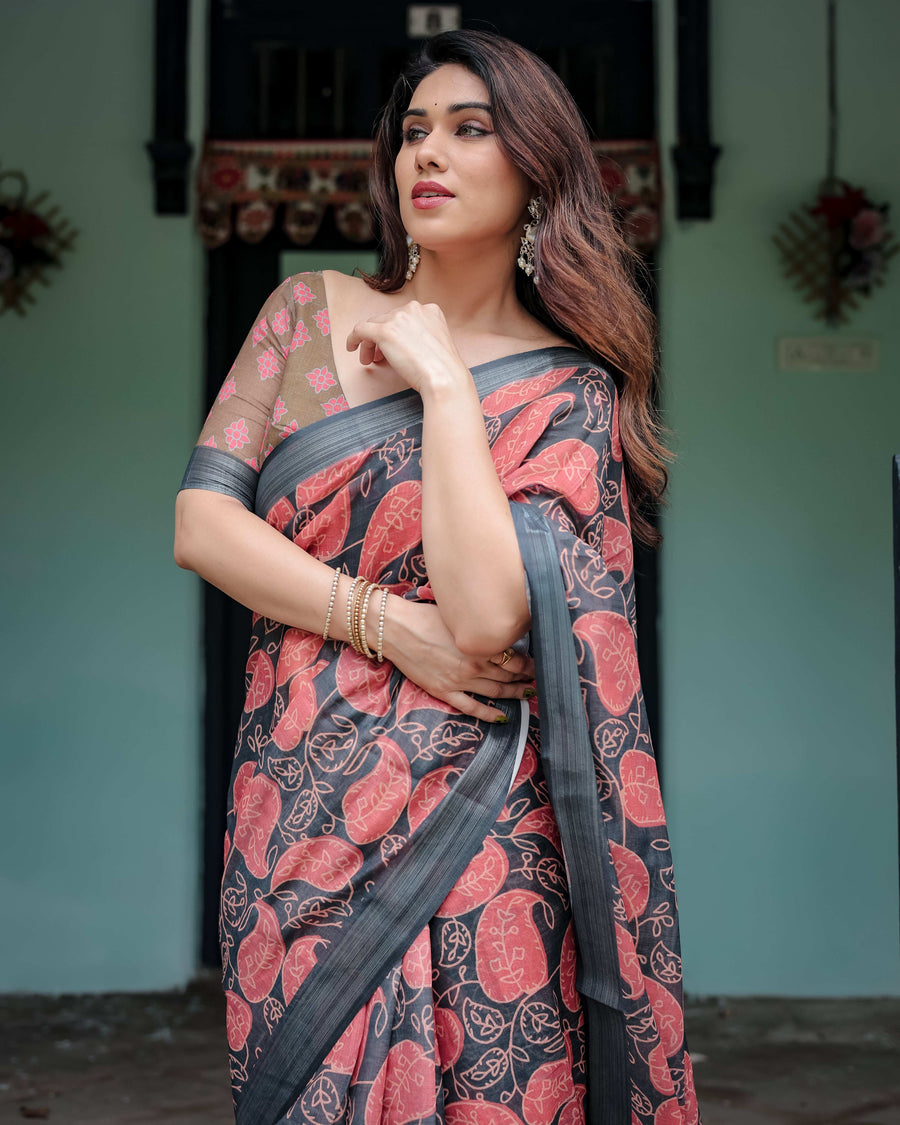 Charcoal Black Pure Cotton Linen Saree | Leafy Paisley Print with Blouse & Tassel Detailing