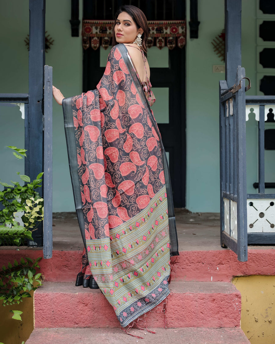 Charcoal Black Pure Cotton Linen Saree | Leafy Paisley Print with Blouse & Tassel Detailing