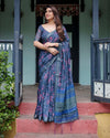 Navy Blue Pure Cotton Linen Saree | Floral Print with Blouse & Tassel Detailing