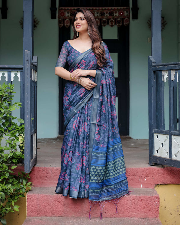 Navy Blue Pure Cotton Linen Saree | Floral Print with Blouse & Tassel Detailing