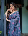 Navy Blue Pure Cotton Linen Saree | Floral Print with Blouse & Tassel Detailing