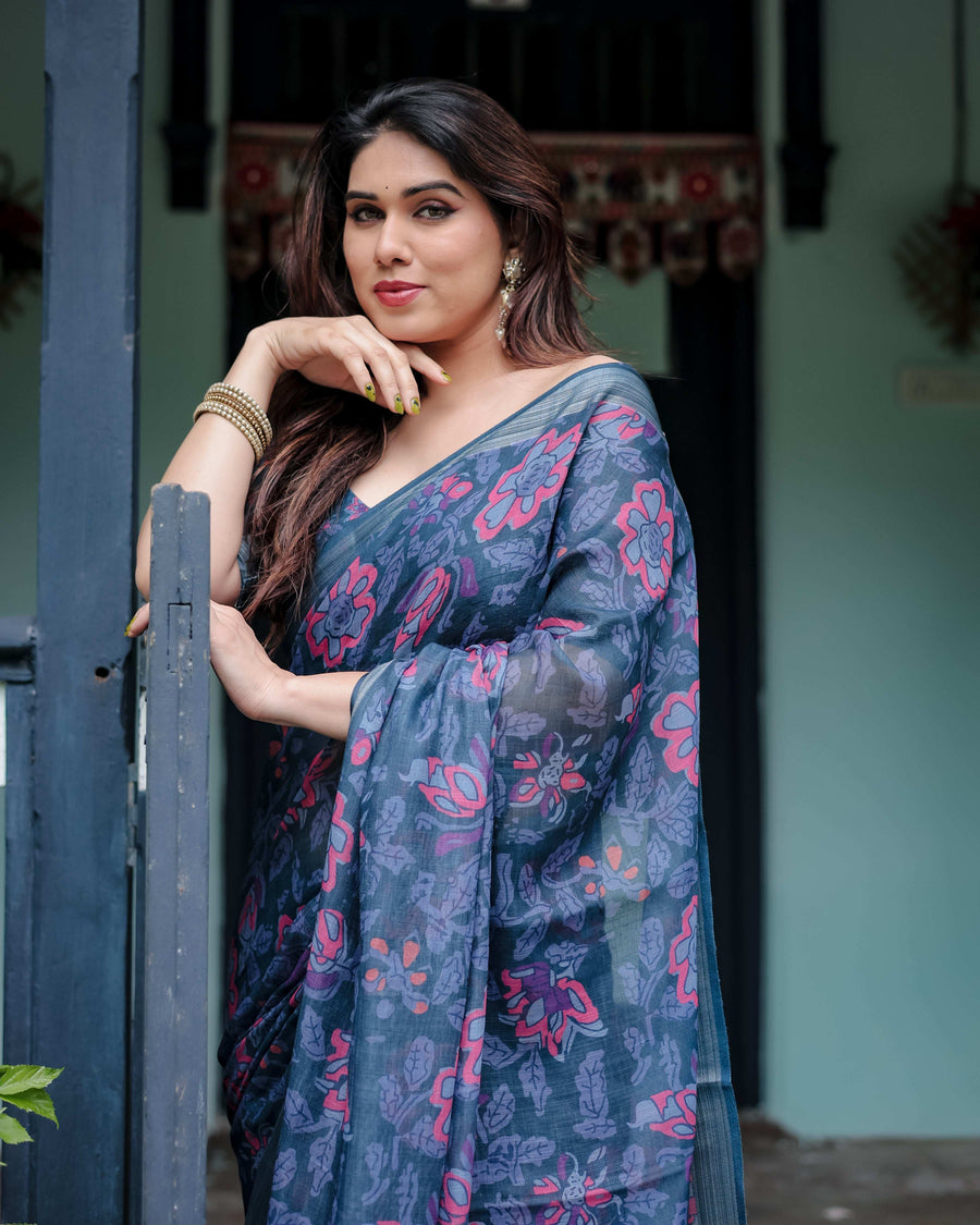 Navy Blue Pure Cotton Linen Saree | Floral Print with Blouse & Tassel Detailing