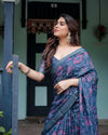 Navy Blue Pure Cotton Linen Saree | Floral Print with Blouse & Tassel Detailing