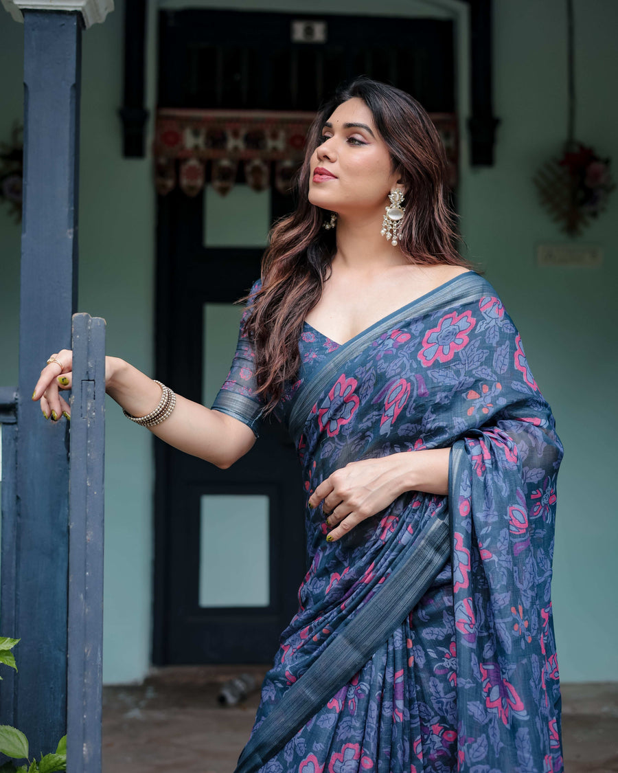 Navy Blue Pure Cotton Linen Saree | Floral Print with Blouse & Tassel Detailing