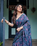 Navy Blue Pure Cotton Linen Saree | Floral Print with Blouse & Tassel Detailing