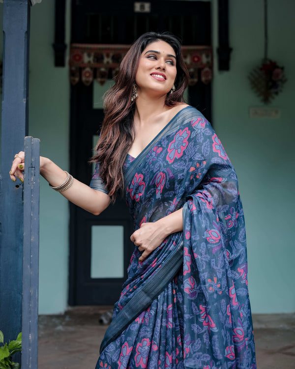 Navy Blue Pure Cotton Linen Saree | Floral Print with Blouse & Tassel Detailing