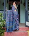Navy Blue Pure Cotton Linen Saree | Floral Print with Blouse & Tassel Detailing