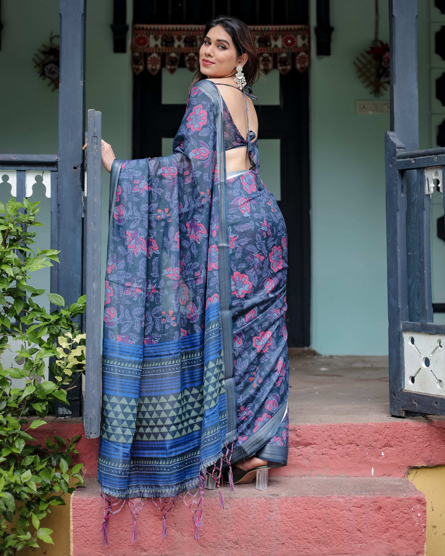 Navy Blue Pure Cotton Linen Saree | Floral Print with Blouse & Tassel Detailing