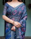 Navy Blue Pure Cotton Linen Saree | Floral Print with Blouse & Tassel Detailing