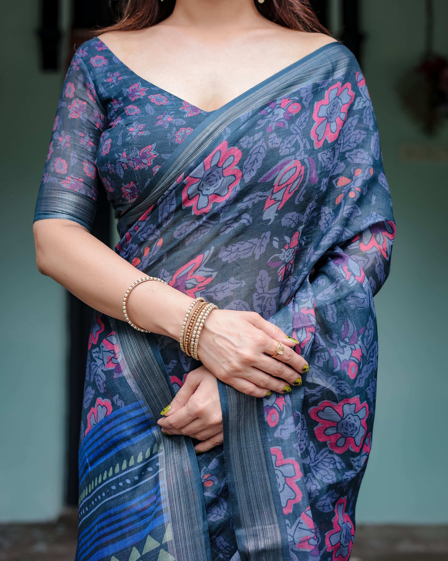 Navy Blue Pure Cotton Linen Saree | Floral Print with Blouse & Tassel Detailing