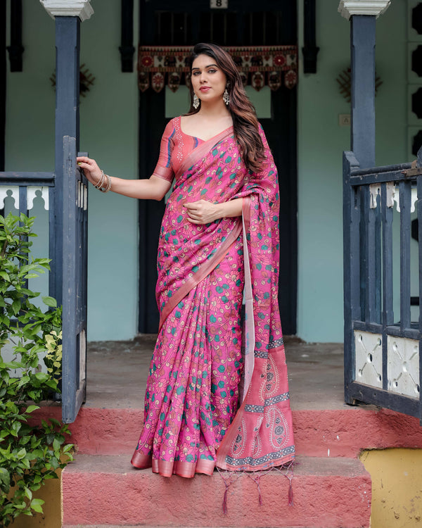 Magenta & Pink Pure Cotton Linen Saree | Floral Paisley Block Print with Blouse & Tassels