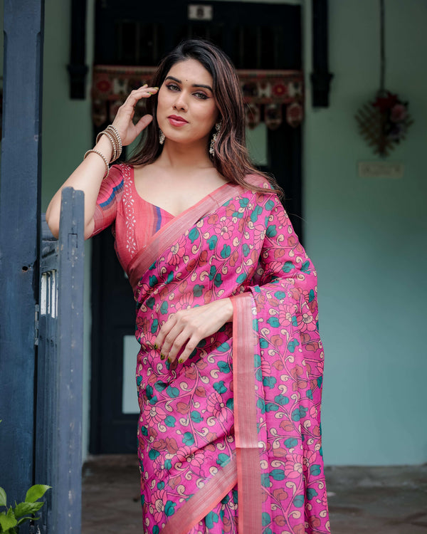 Magenta & Pink Pure Cotton Linen Saree | Floral Paisley Block Print with Blouse & Tassels