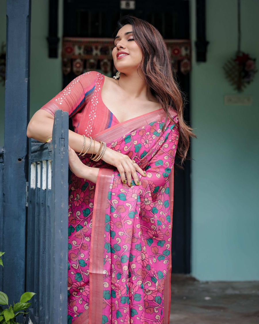 Magenta & Pink Pure Cotton Linen Saree | Floral Paisley Block Print with Blouse & Tassels