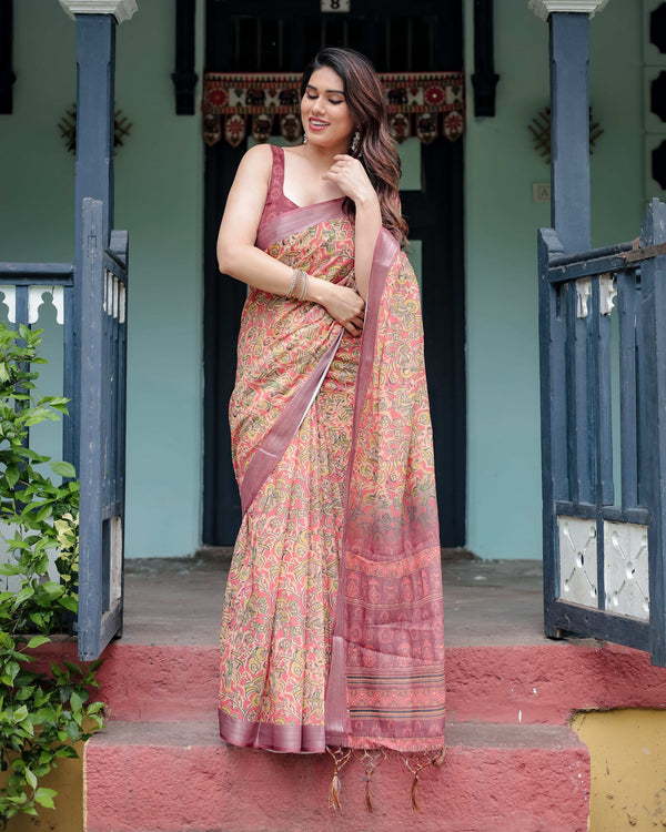 Beige & Rust Pure Cotton Linen Saree | Tribal Block Print with Blouse & Tassel Detailing