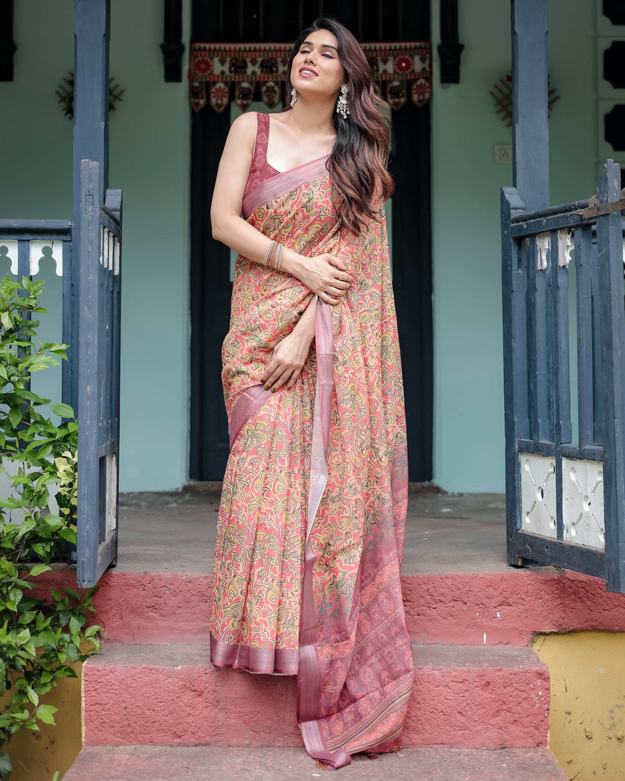 Beige & Rust Pure Cotton Linen Saree | Tribal Block Print with Blouse & Tassel Detailing