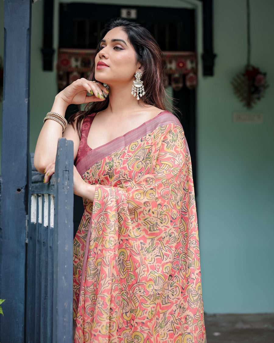 Beige & Rust Pure Cotton Linen Saree | Tribal Block Print with Blouse & Tassel Detailing