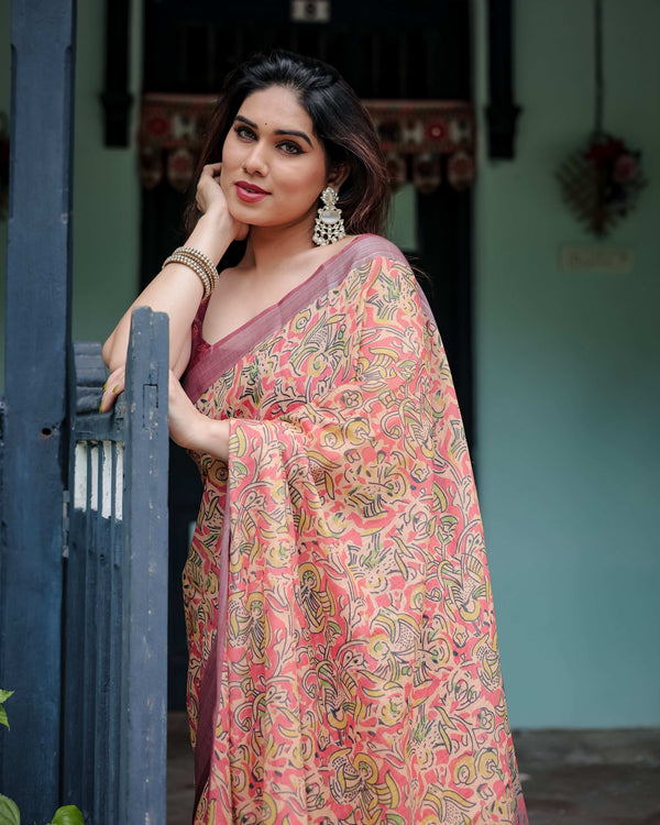 Beige & Rust Pure Cotton Linen Saree | Tribal Block Print with Blouse & Tassel Detailing