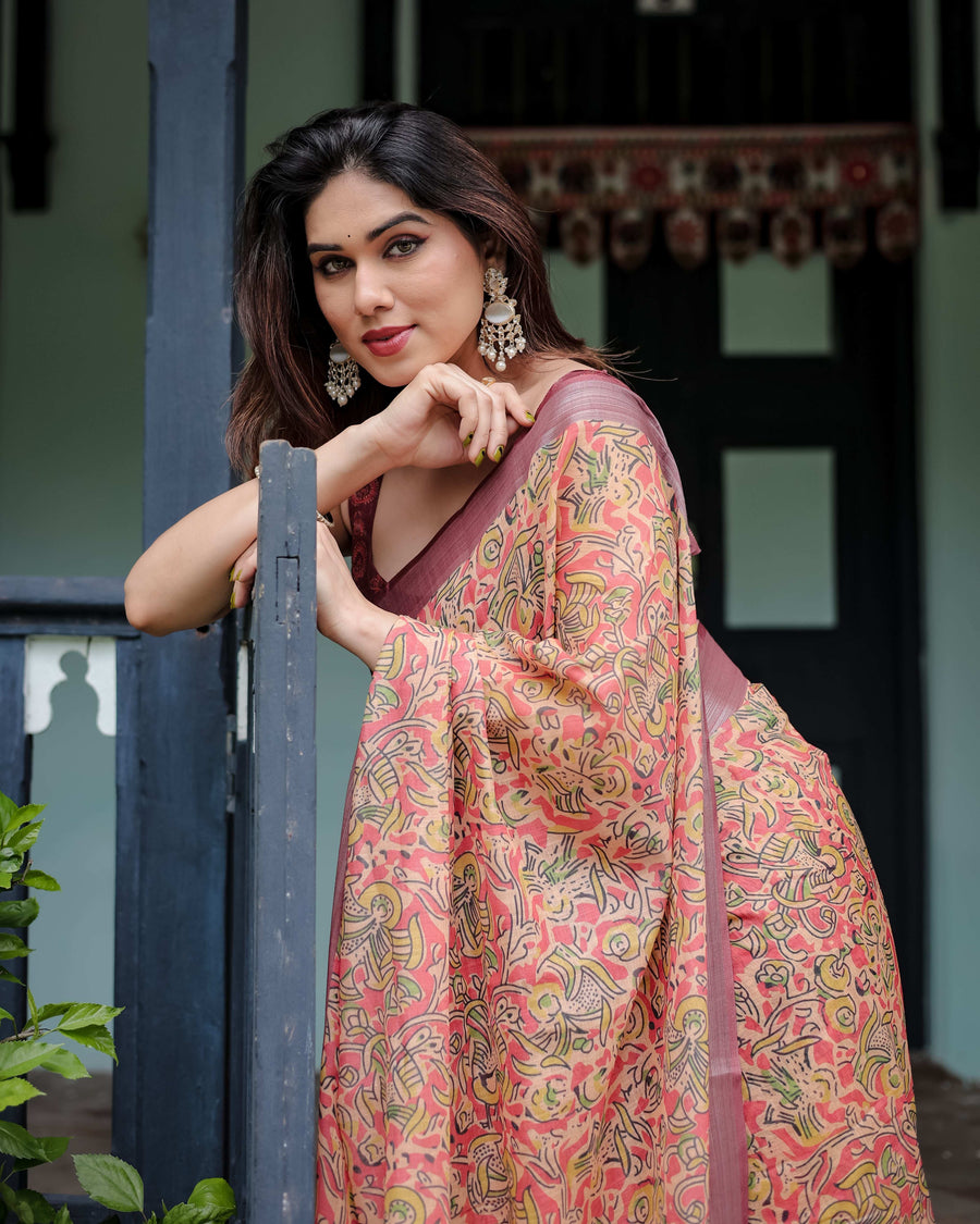 Beige & Rust Pure Cotton Linen Saree | Tribal Block Print with Blouse & Tassel Detailing
