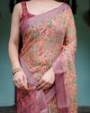 Beige & Rust Pure Cotton Linen Saree | Tribal Block Print with Blouse & Tassel Detailing