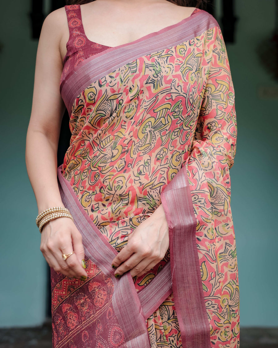 Beige & Rust Pure Cotton Linen Saree | Tribal Block Print with Blouse & Tassel Detailing