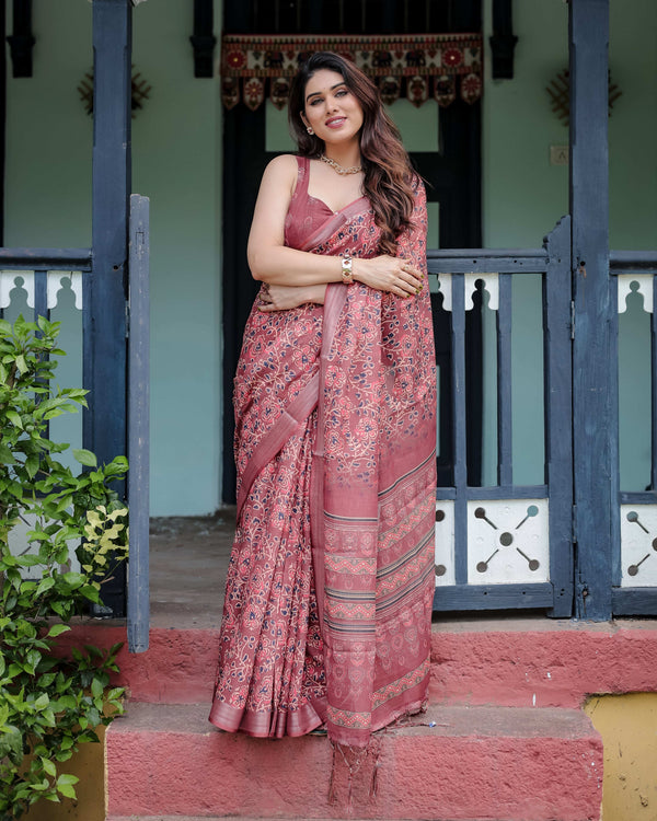 Rust Red Pure Cotton Linen Saree | Floral Block Print with Blouse & Tassel Detailing