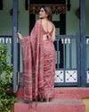 Rust Red Pure Cotton Linen Saree | Floral Block Print with Blouse & Tassel Detailing