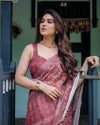 Rust Red Pure Cotton Linen Saree | Floral Block Print with Blouse & Tassel Detailing