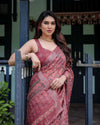 Rust Red Pure Cotton Linen Saree | Floral Block Print with Blouse & Tassel Detailing