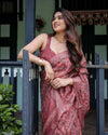 Rust Red Pure Cotton Linen Saree | Floral Block Print with Blouse & Tassel Detailing