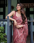 Rust Red Pure Cotton Linen Saree | Floral Block Print with Blouse & Tassel Detailing