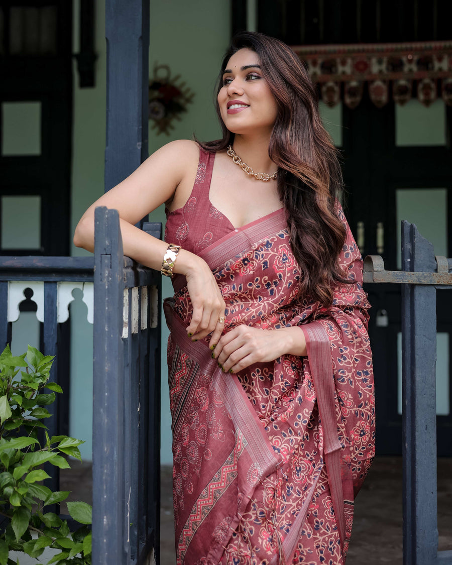 Rust Red Pure Cotton Linen Saree | Floral Block Print with Blouse & Tassel Detailing