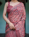 Rust Red Pure Cotton Linen Saree | Floral Block Print with Blouse & Tassel Detailing