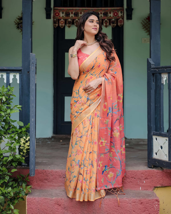 Peach & Orange Pure Cotton Linen Saree | Floral Bird Print with Blouse & Tassel Detailing