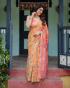 Peach & Orange Pure Cotton Linen Saree | Floral Bird Print with Blouse & Tassel Detailing