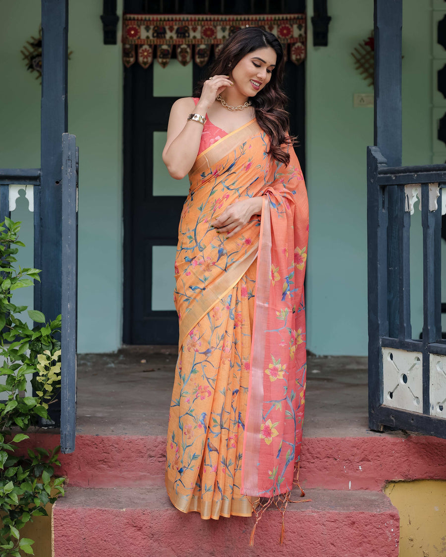 Peach & Orange Pure Cotton Linen Saree | Floral Bird Print with Blouse & Tassel Detailing