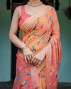 Peach & Orange Pure Cotton Linen Saree | Floral Bird Print with Blouse & Tassel Detailing