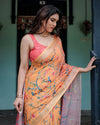Peach & Orange Pure Cotton Linen Saree | Floral Bird Print with Blouse & Tassel Detailing