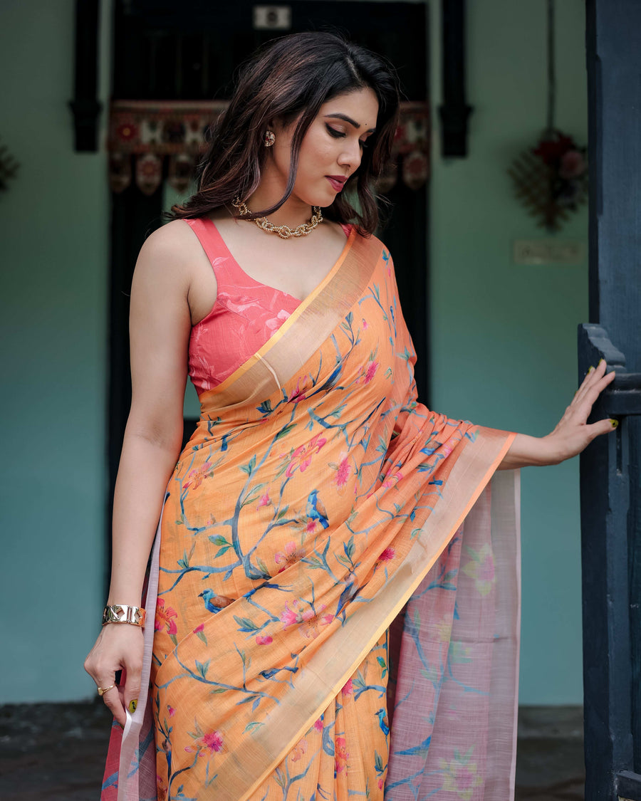 Peach & Orange Pure Cotton Linen Saree | Floral Bird Print with Blouse & Tassel Detailing