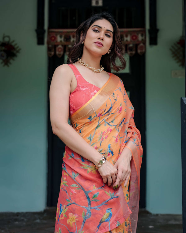 Peach & Orange Pure Cotton Linen Saree | Floral Bird Print with Blouse & Tassel Detailing