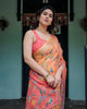 Peach & Orange Pure Cotton Linen Saree | Floral Bird Print with Blouse & Tassel Detailing
