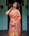 Peach & Orange Pure Cotton Linen Saree | Floral Bird Print with Blouse & Tassel Detailing